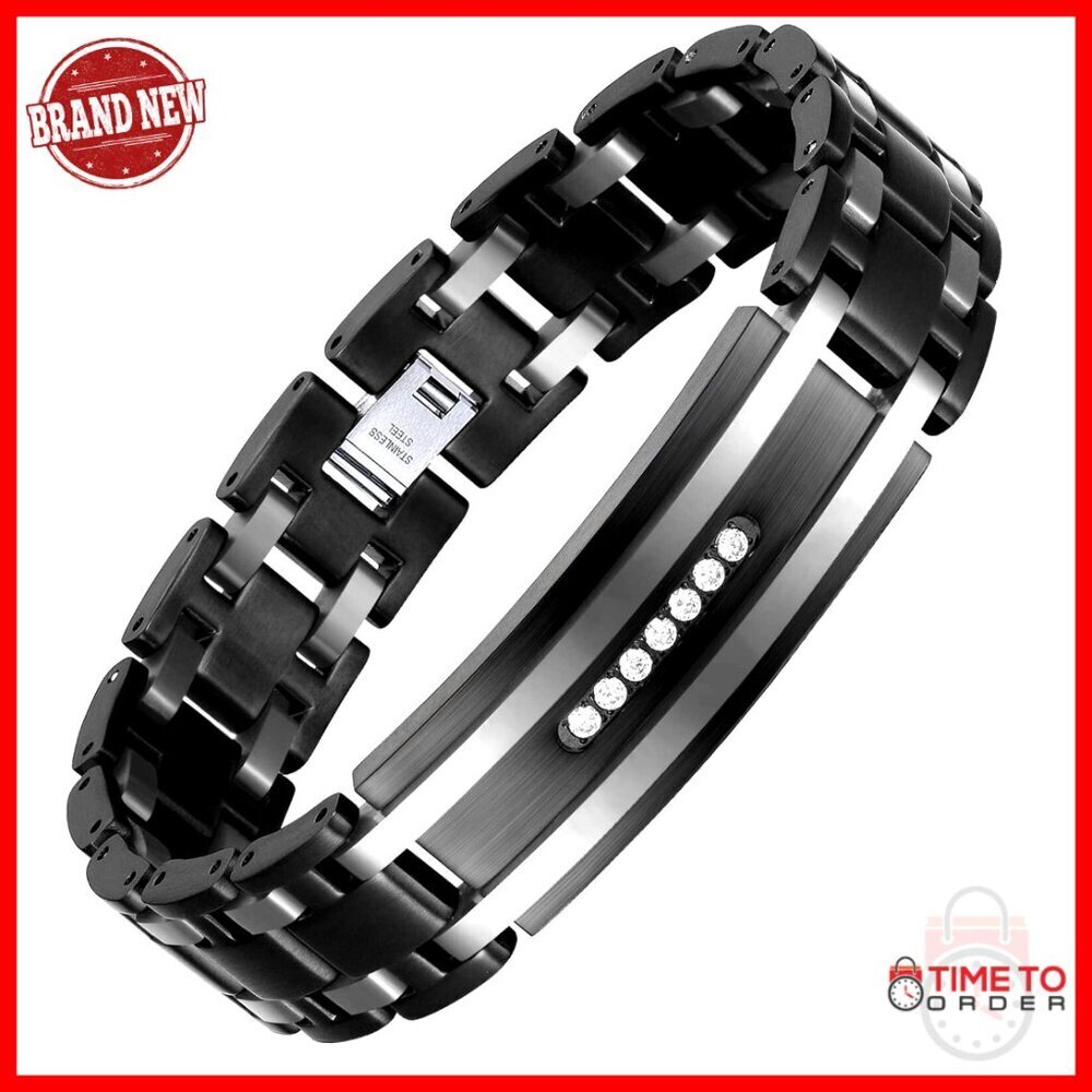 Stainless Steel Diamond Link Bracelet for Men Modern Style 8.66 Inches